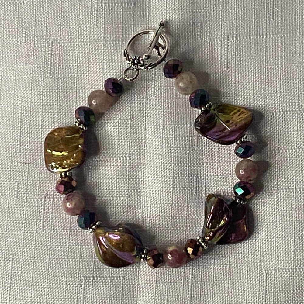 Handcrafted Iridescent Shell, Pink Tourmaline and Crystal Bracelet Sz 8”